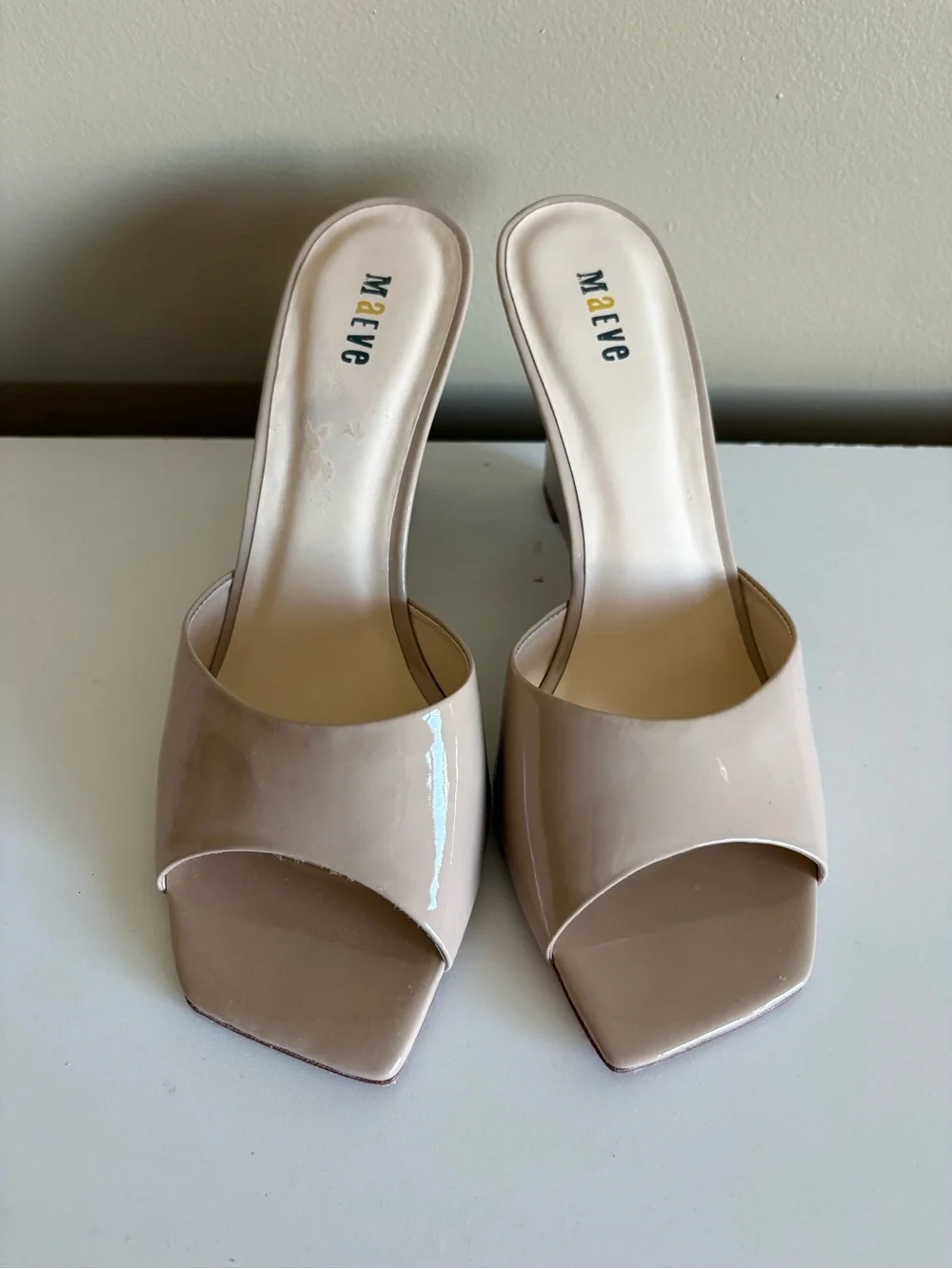 Anthropologie Maeve Beige Patent Wedge Square Toe Sandals Size 7